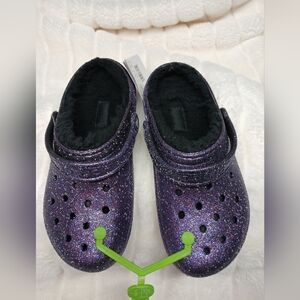 Crocs Classic Lined Space Glitter Clogs Kids J3 (Youth Size 3)Purple Sparkle NWT